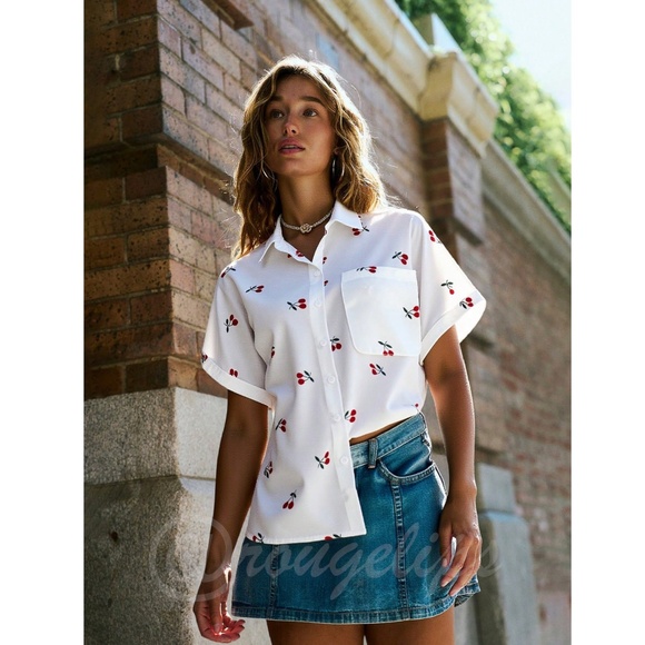White Casual Shirt Printed Red Cherries Button Down Up - Picture 3 of 10